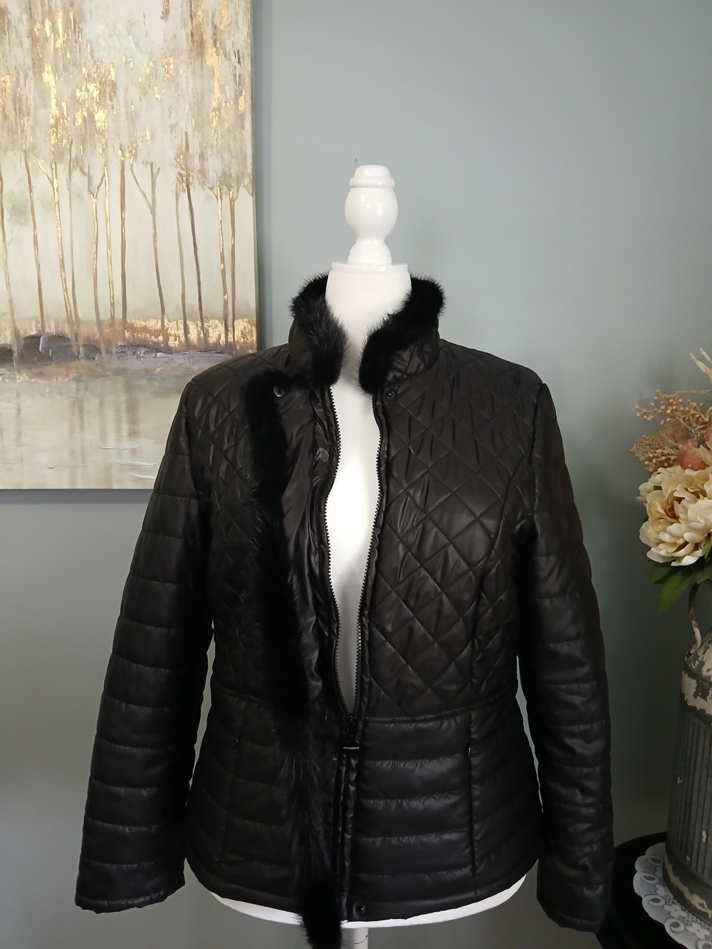 Women's Black Quilted Puffer Jacket with REAL Fur Trim